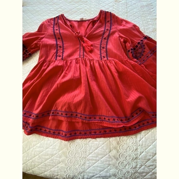 GAP Boho Peasant Blouse Red Orange Blue Embroidery V-Neck 3/4 Sleeve Size XS - Picture 12 of 13